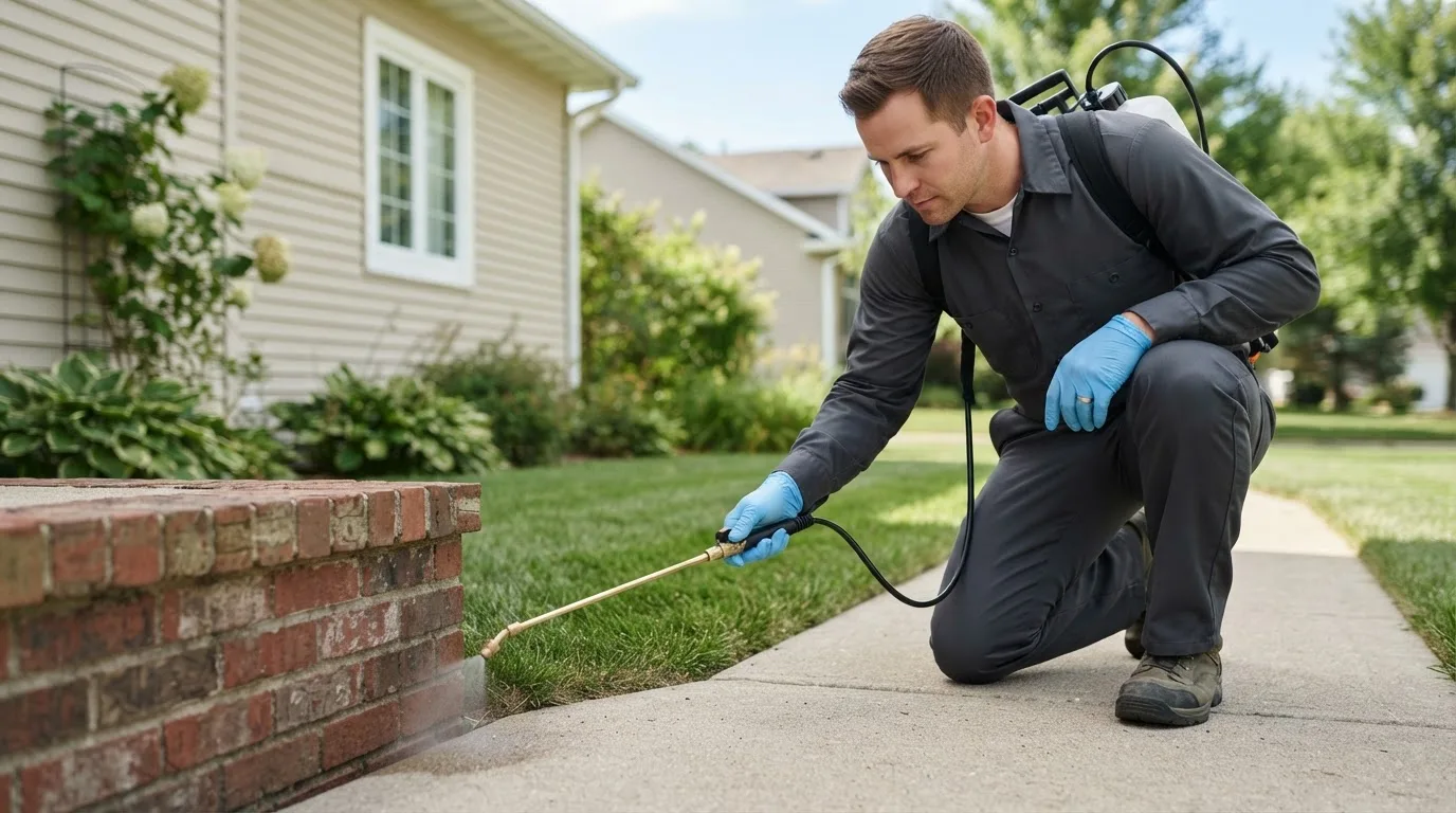 Pest control technician treating a home near Sorrento, ME